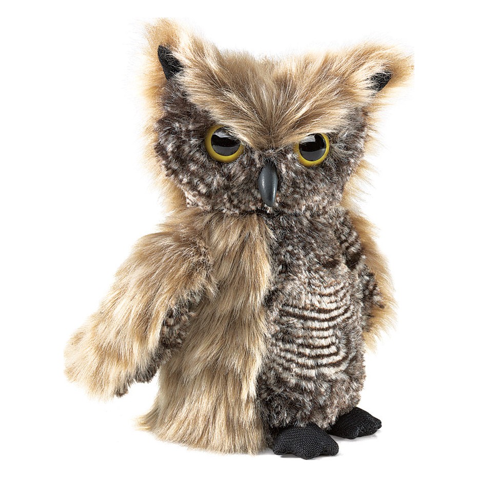 Folkmanis Handpuppe Kreischeule mit braun-beigem Gefieder, gelben Augen und schwarzem Schnabel, Frontalansicht