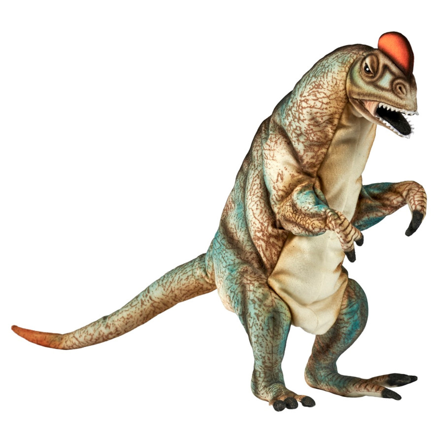 Dilophosaurus Handpuppe von Hansa Creation in Grün-Beige mit rotem Kopfkamm und geöffnetem Maul