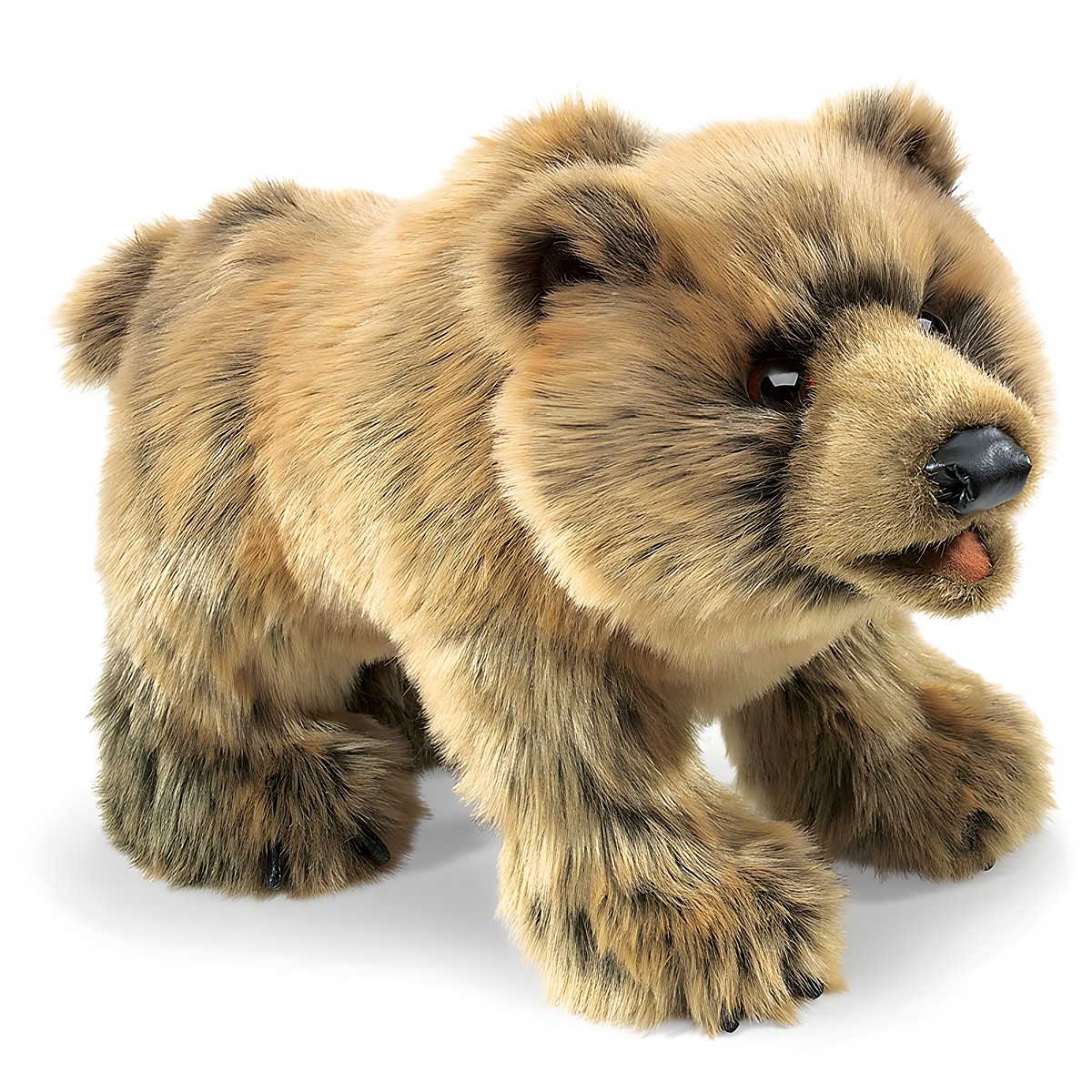 Folkmanis Handpuppe Grizzlybär in Schrittstellung, braun-meliertes Fell, schwarze Nase und leicht geöffnetes Maul, Seitenansicht