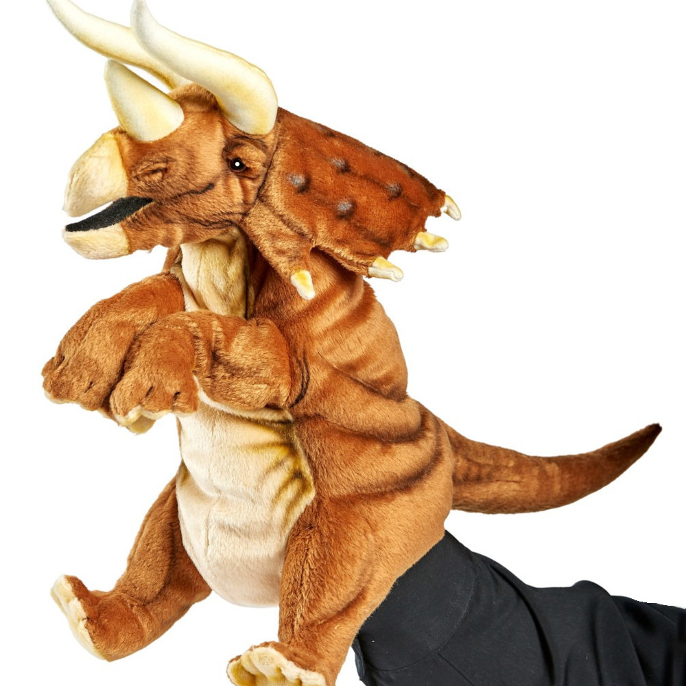 Triceratops Handpuppe von Hansa Creation in Braunbeige mit drei Hörnern und genopptem Nackenschild