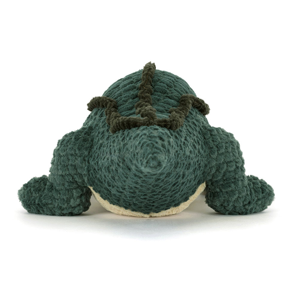 Jellycat plush toy alligator Allexi, back view of the head with dark green ridges