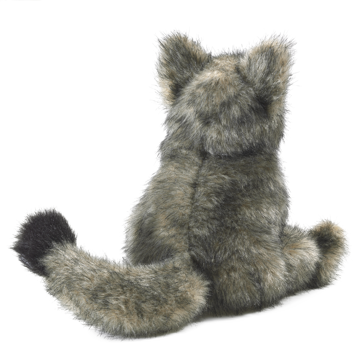 Folkmanis Small Coyote hand puppet in grey-marl long-pile plush, shown sitting from behind with a ringed tail