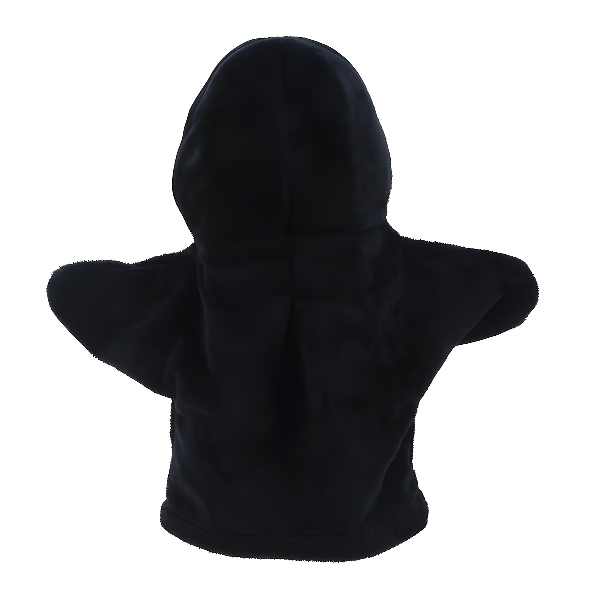 The Puppet Company baby hand puppet penguin, back view with the black hood shape