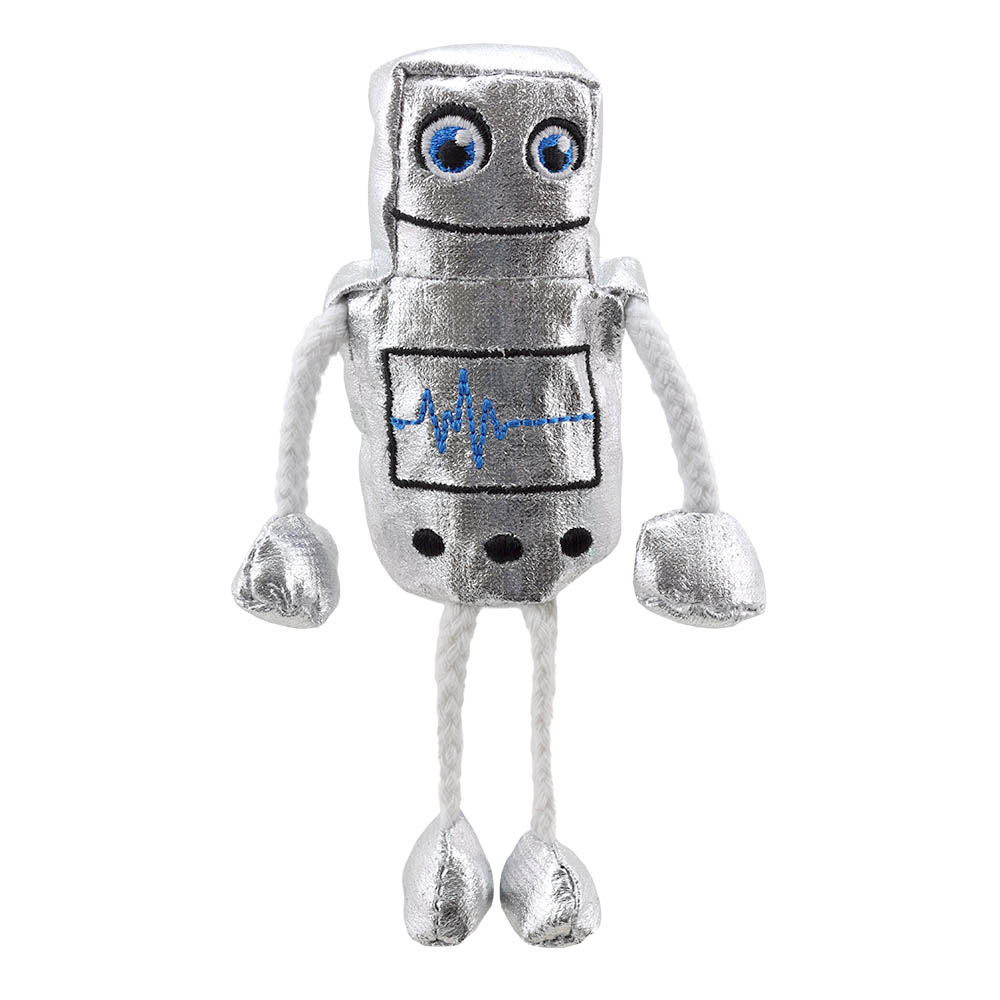 The Puppet Company Fingerpuppe Roboter, silberne Puppe mit blauen Augen und langen Stoffbeinen