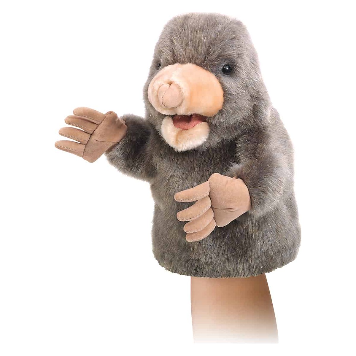 Folkmanis Handpuppe kleiner Maulwurf mit grauem Plüschfell, beigefarbener Grabschaufel-Nase und beweglichem Maul, auf Hand aufgesteckt