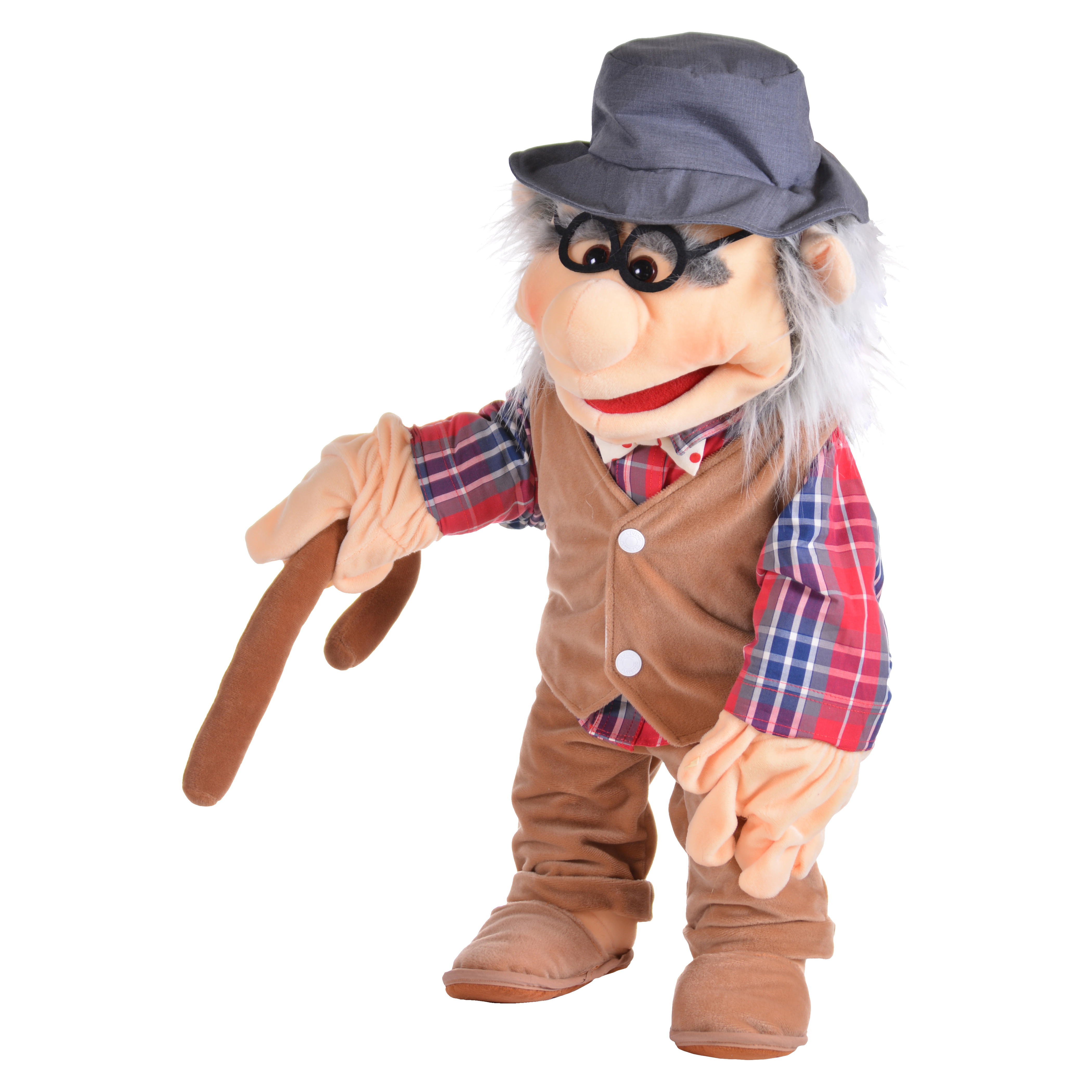 Living Puppets Handpuppe Großvater mit Hut, Brille, Karohemd, Weste und Spazierstock