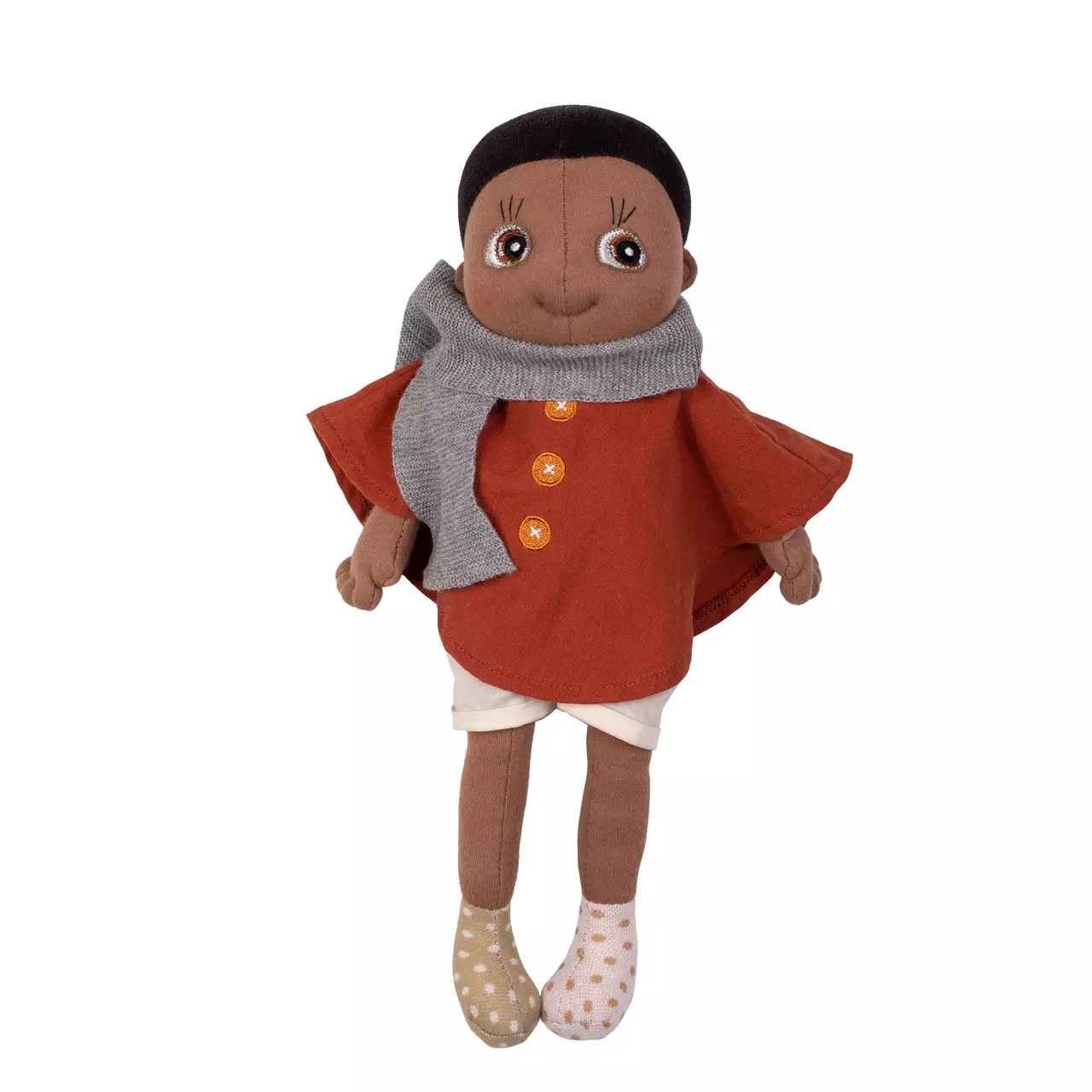 Rubens EcoBuds doll in the rust-red poncho with grey scarf and dotted booties