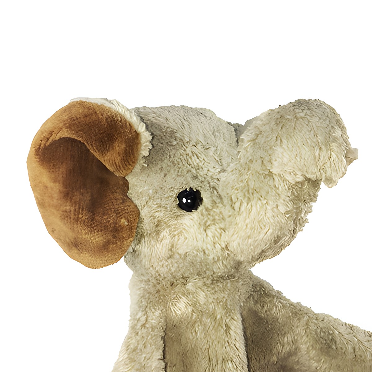 Kallisto Handpuppe Elefant grau, Gesichtsnahaufnahme mit braunem Ohr und grauem Rüssel