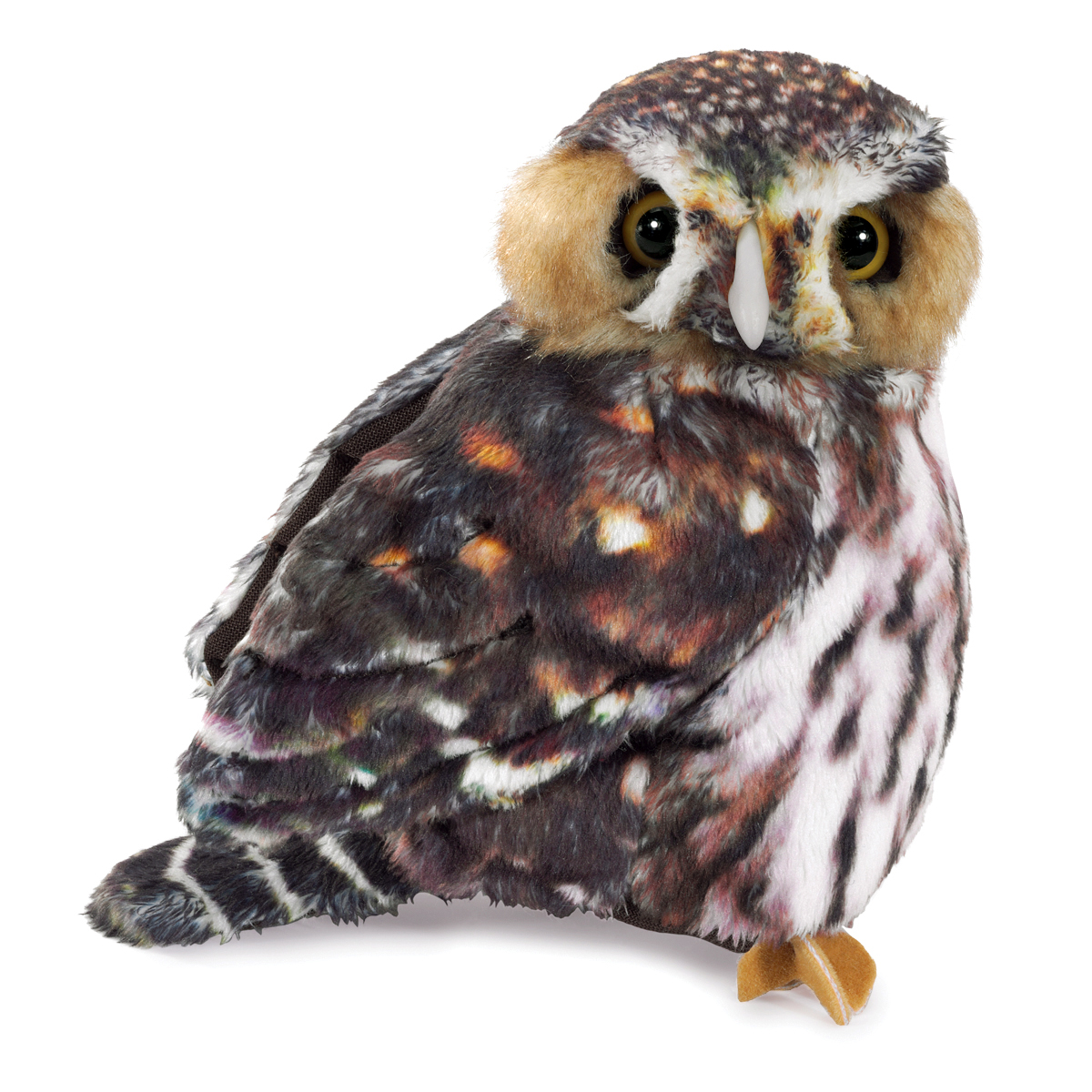 Folkmanis hand puppet Northern Pygmy Owl with brown-and-white plumage, golden-yellow eyes and a light beak in a sitting pose