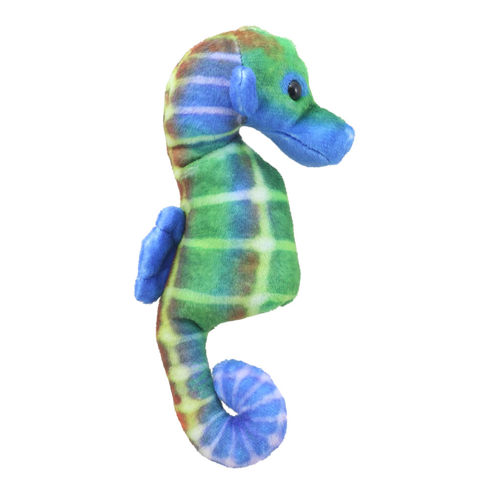 The Puppet Company finger puppet seahorse, green and blue patterned with a blue snout, side view