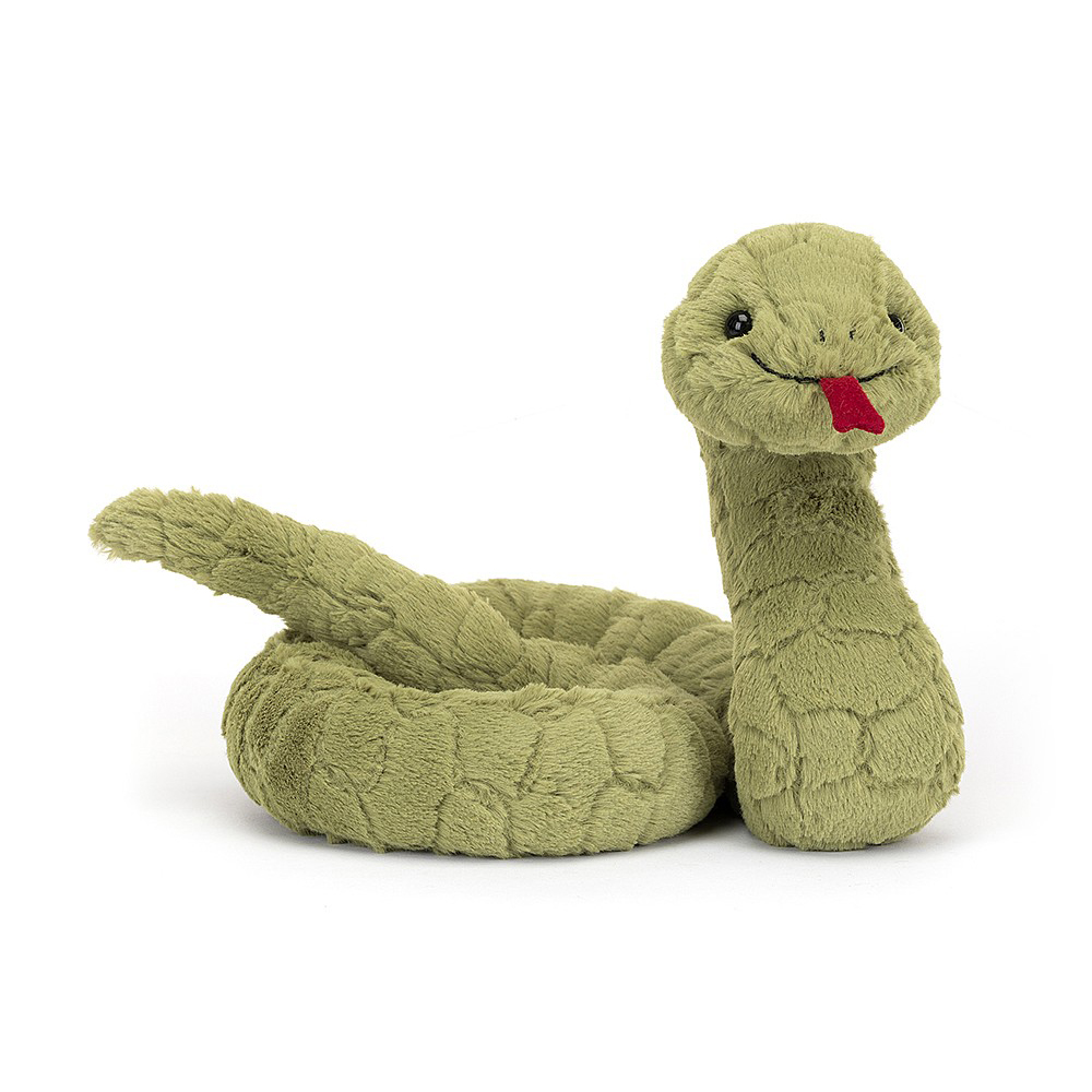 Jellycat Kuscheltier Schlange Stevie Snake, olivgrünes Plüschtier mit roter Zunge, geringelt liegend, Frontansicht