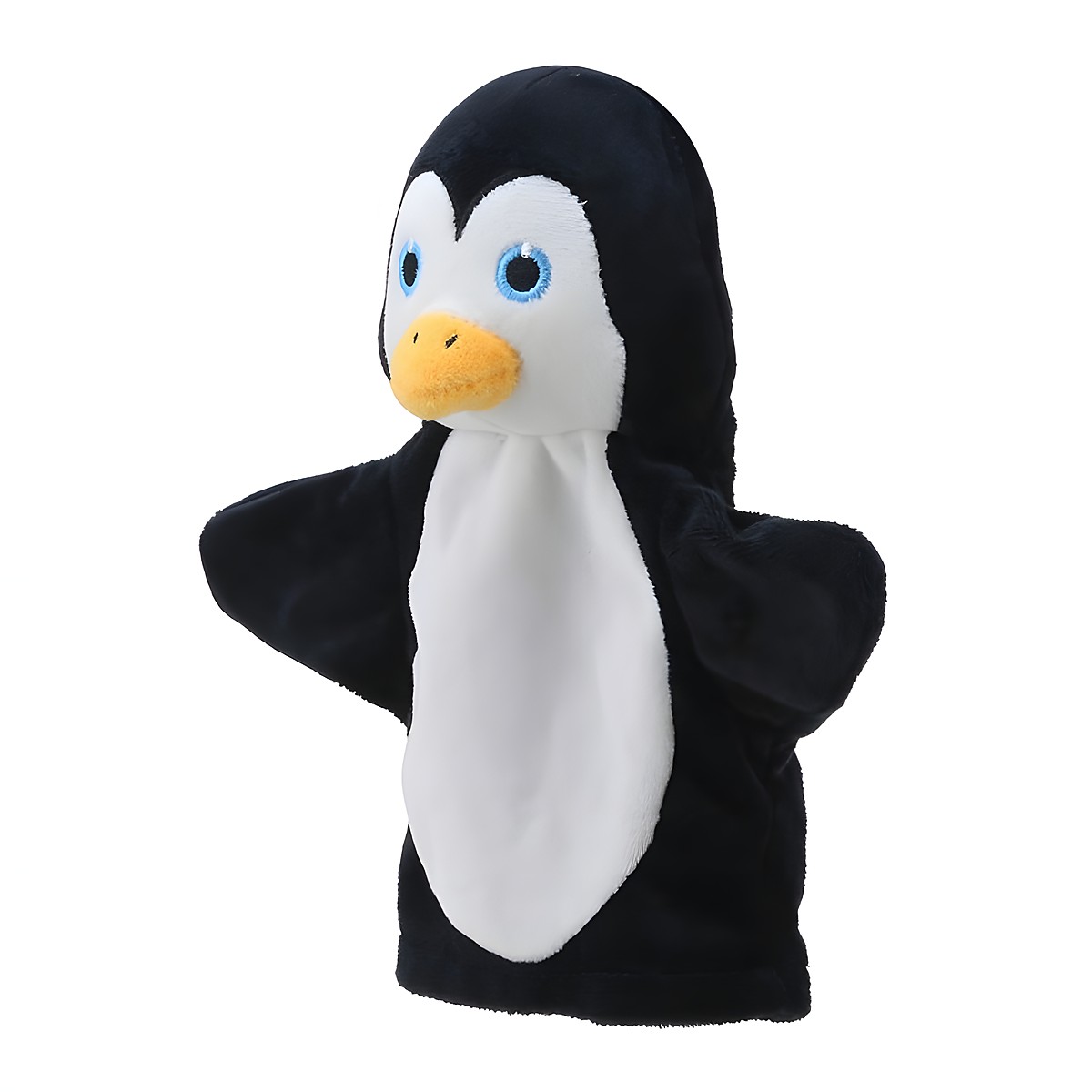 The Puppet Company baby hand puppet penguin, black and white puppet, slightly angled view