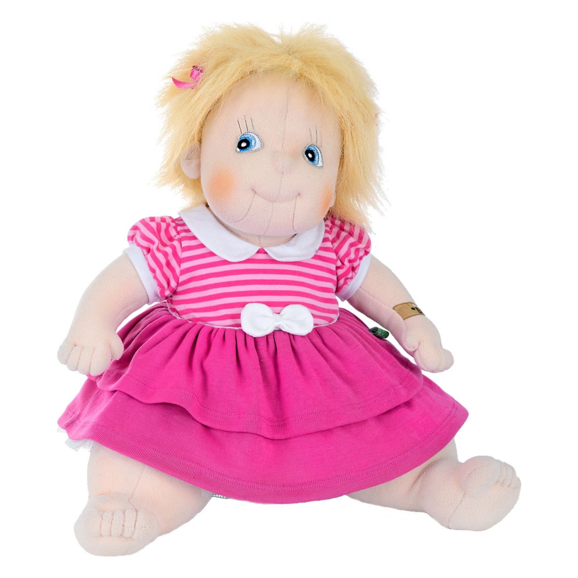 Rubens Barn Original doll Ida with blond hair and a pink dress with white bow, sitting