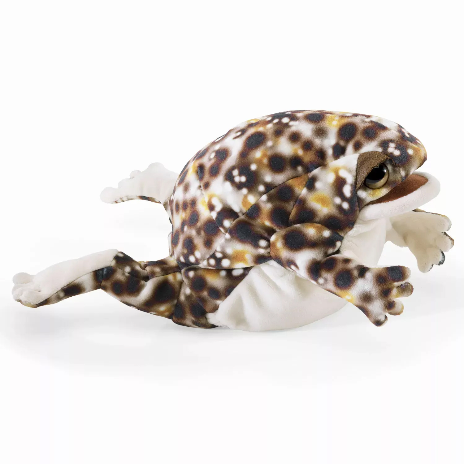 Folkmanis Handpuppe Wüstenregenfrosch mit braun-schwarzem Fleckenmuster und cremefarbenem Bauch in springender Pose, Seitenansicht