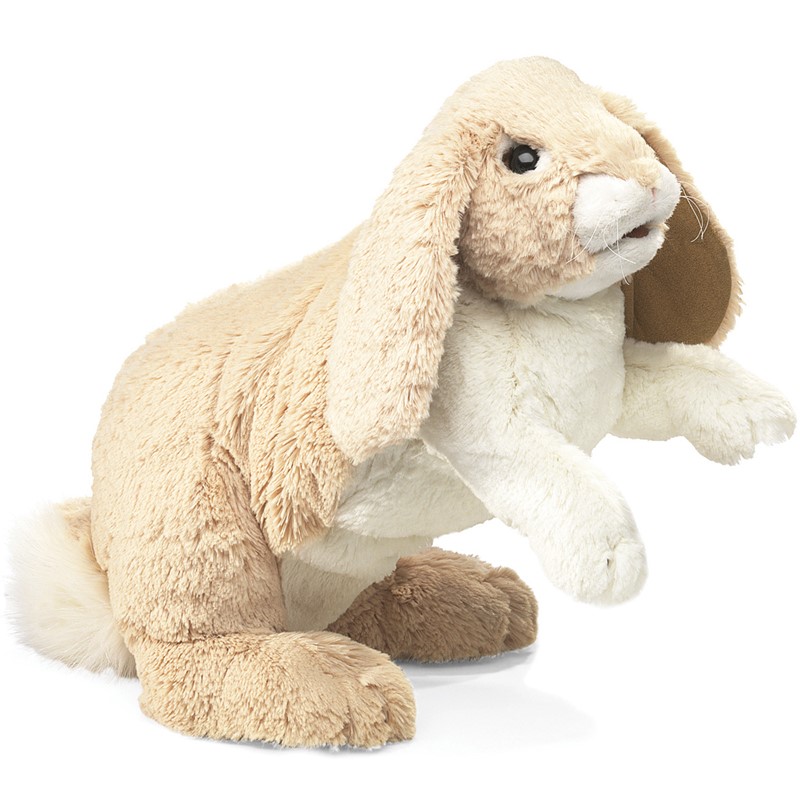 Folkmanis Handpuppe kuscheliges Kaninchen in Beige-Weiß mit langen Schlappohren, sitzend, Schrägansicht