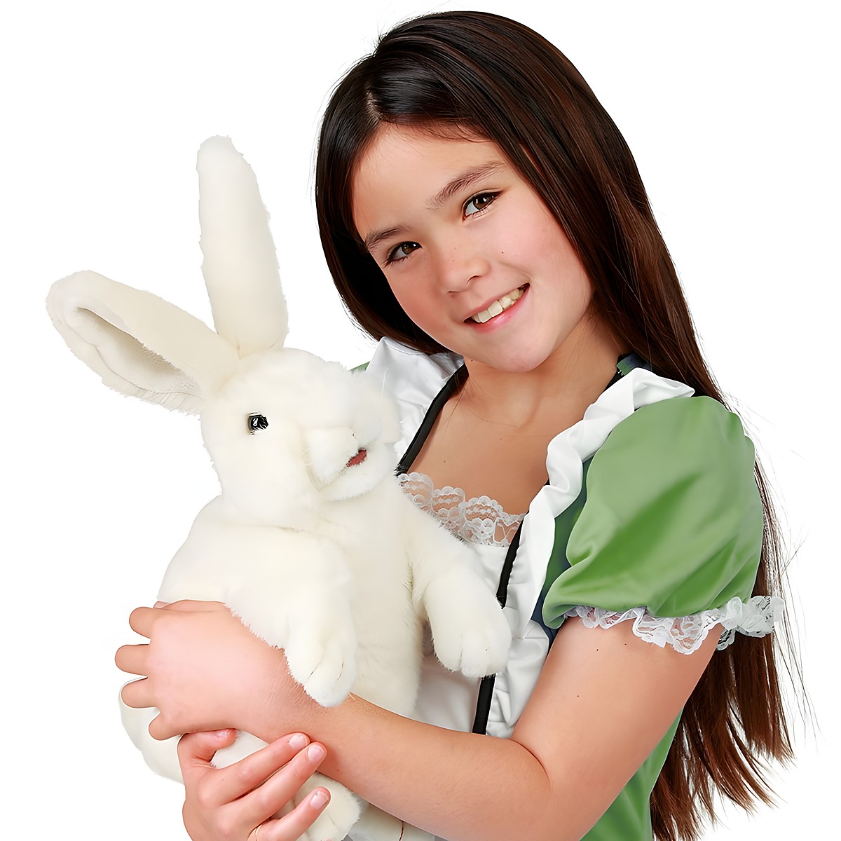 Girl holding a white Folkmanis standing rabbit hand puppet with long ears in her arms