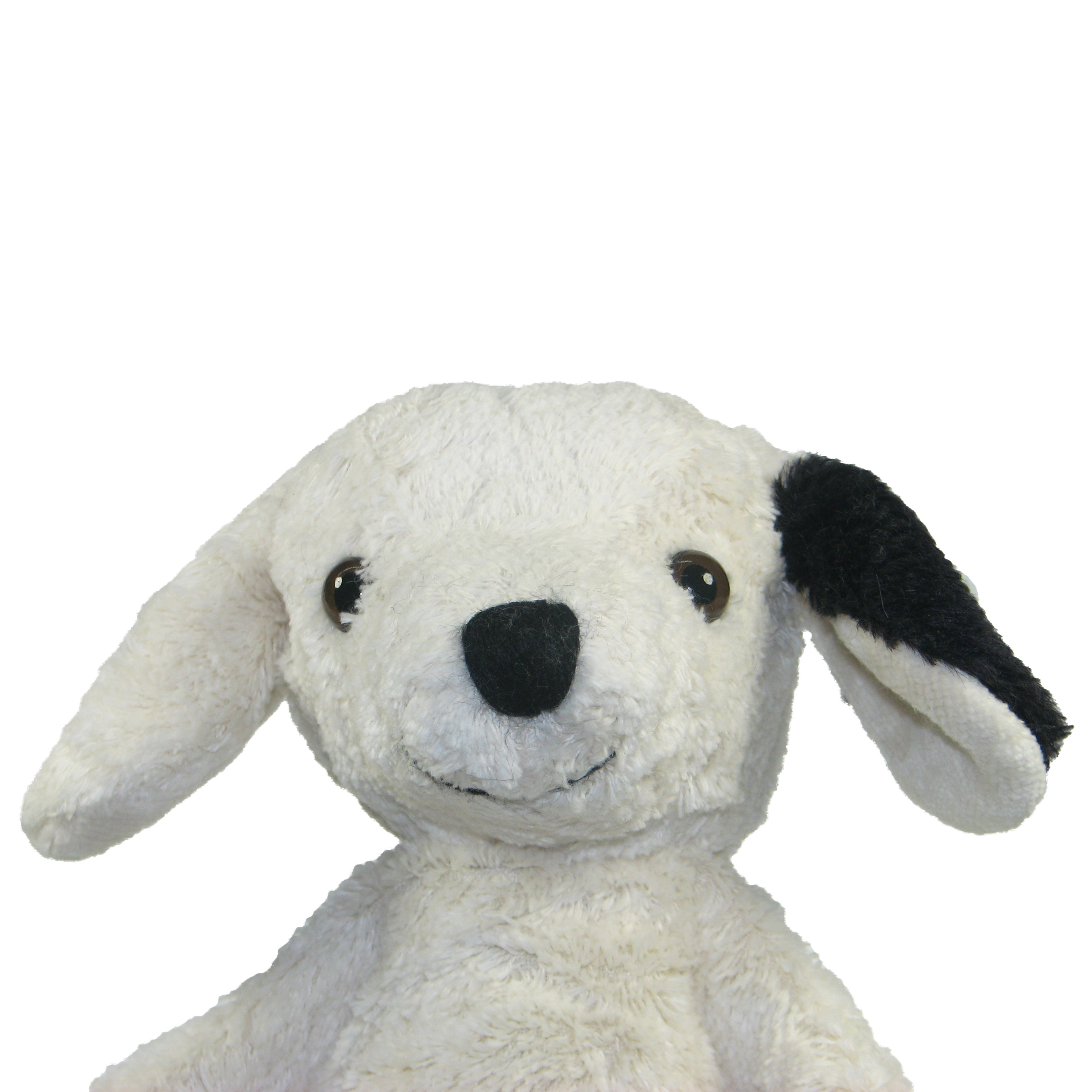 Kallisto hand puppet dog Bello, portrait with one black floppy ear, dark button eyes and cream-white fur