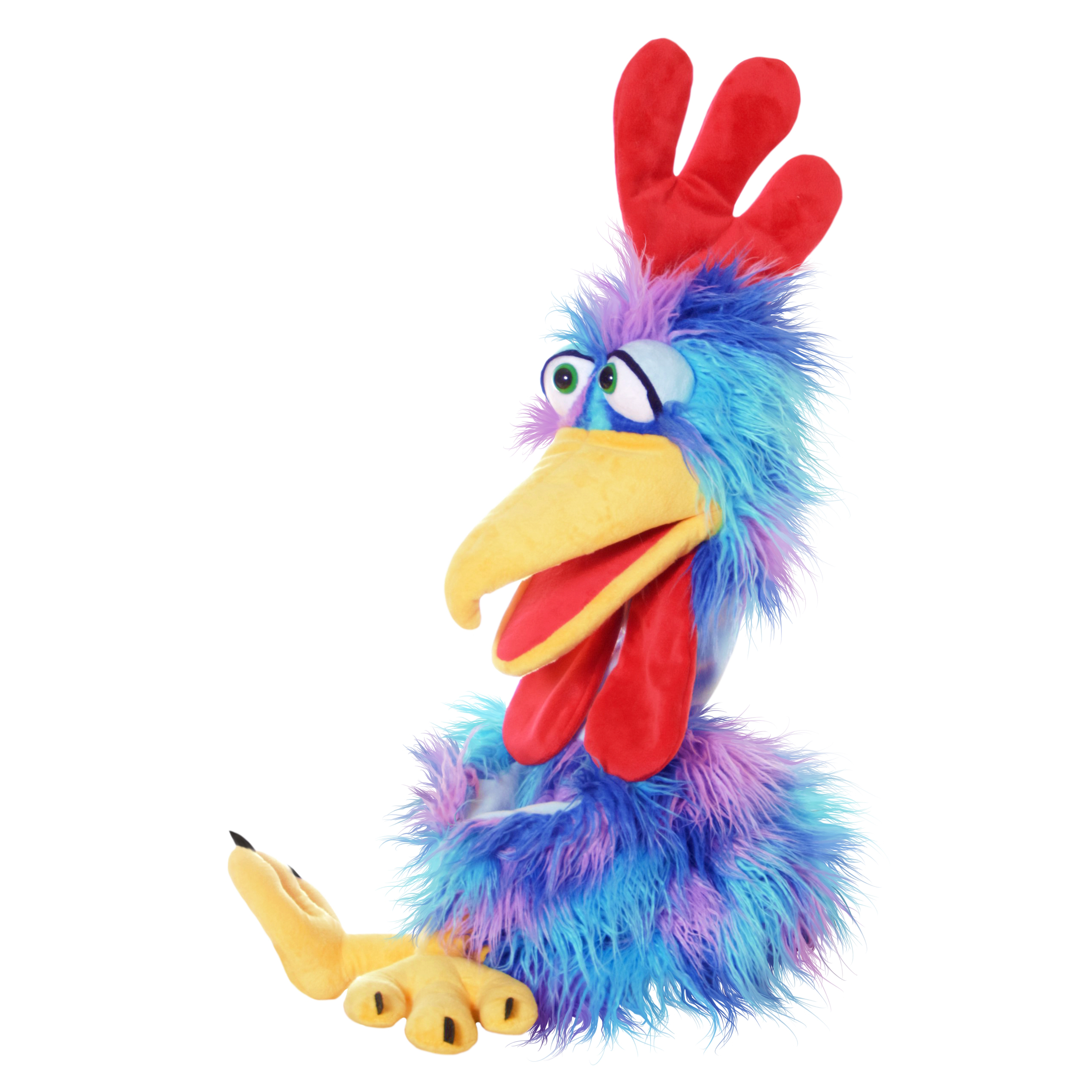 Handpuppe Sir Theo von Gockel von Living Puppets im Nahbild, Kopf mit rotem Kamm, gelbem Schnabel und roten Kehllappen aus seitlicher Perspektive