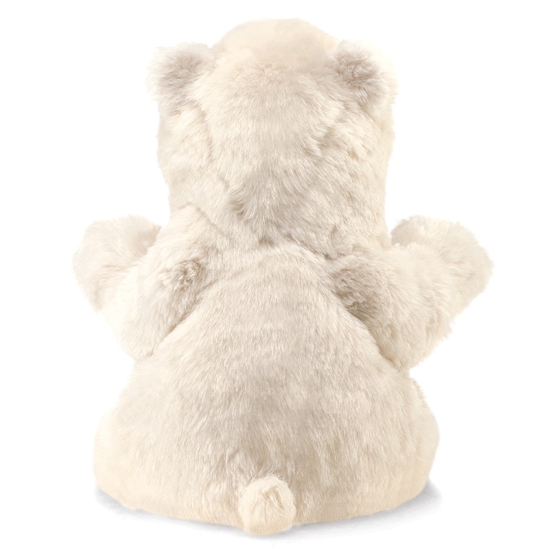 Folkmanis sitting polar bear hand puppet in cream white, back view with outstretched arms and small rounded tail base