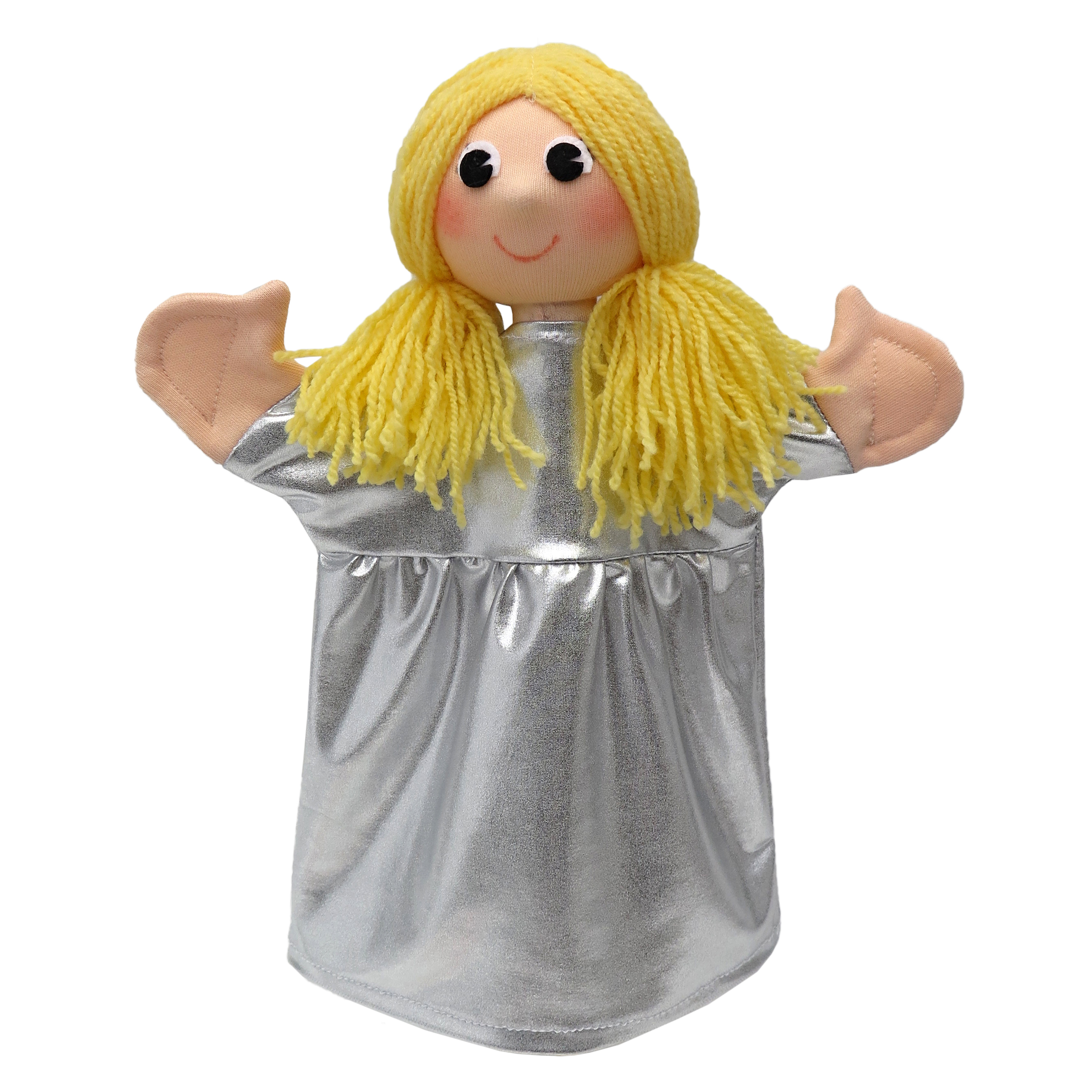 Punch and Judy puppet Princess Donkeyskin by munabo with blond woollen hair and a shiny silver dress