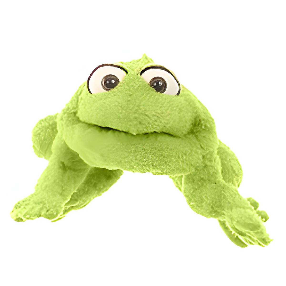 Living Puppets hand puppet Little Rolf the frog with light green fur and big eyes, crouching, front view
