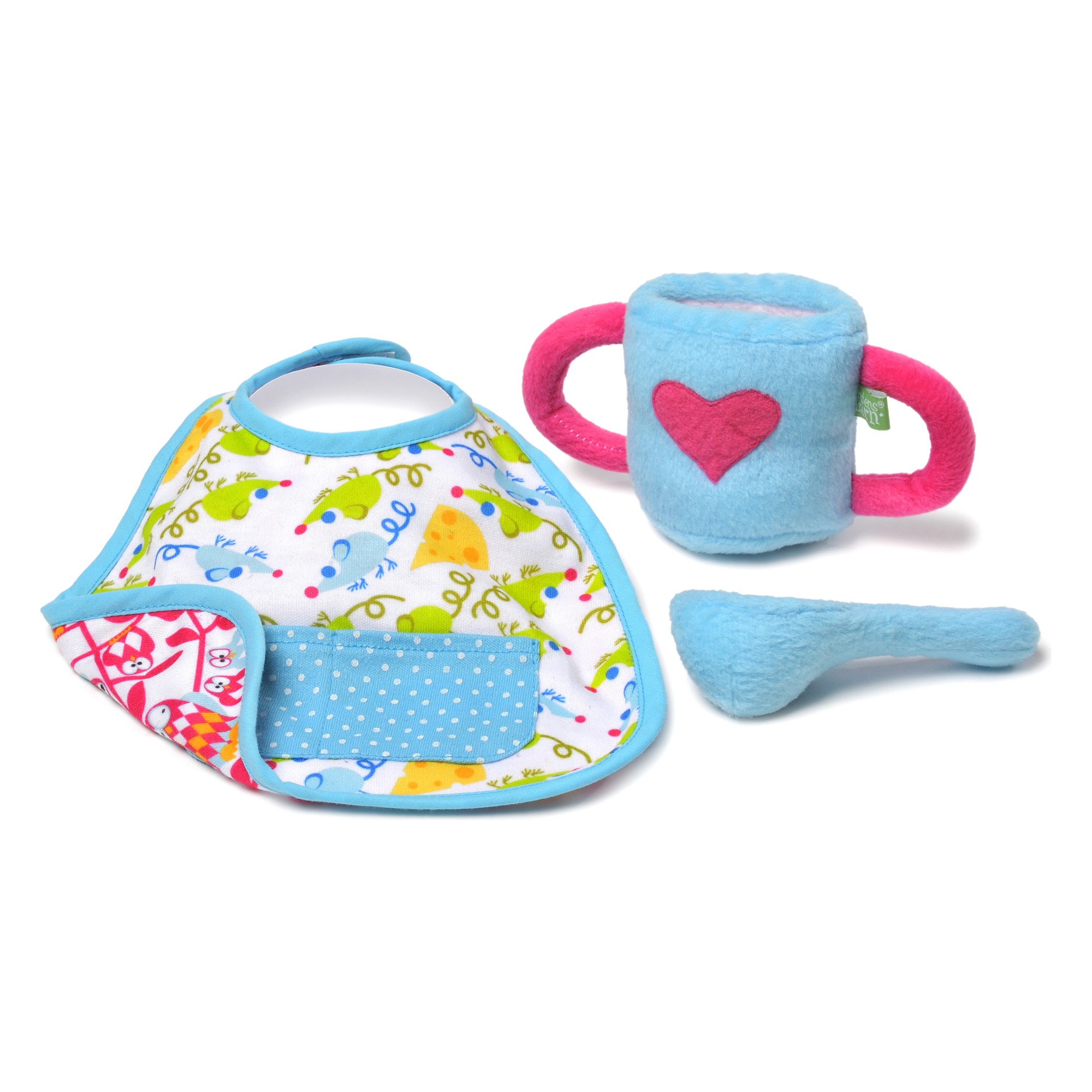 Feeding-Kit von Rubens Barn: Plüsch-Trinkbecher mit Herz, Löffel und buntes Lätzchen für Rubens Babies
