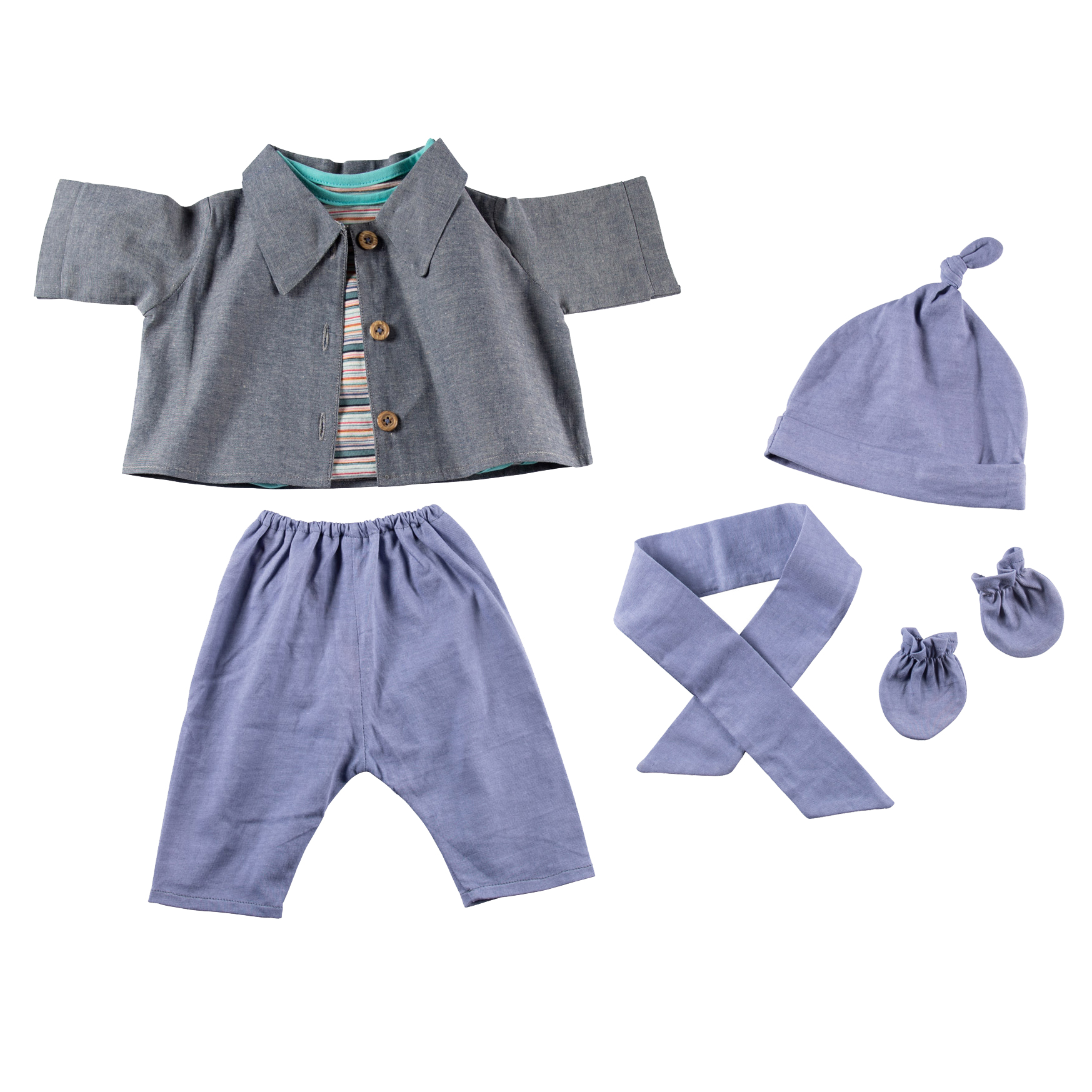 Joyk clothing set Denim Look for empathy dolls: shirt jacket, trousers, knot hat, scarf and mittens