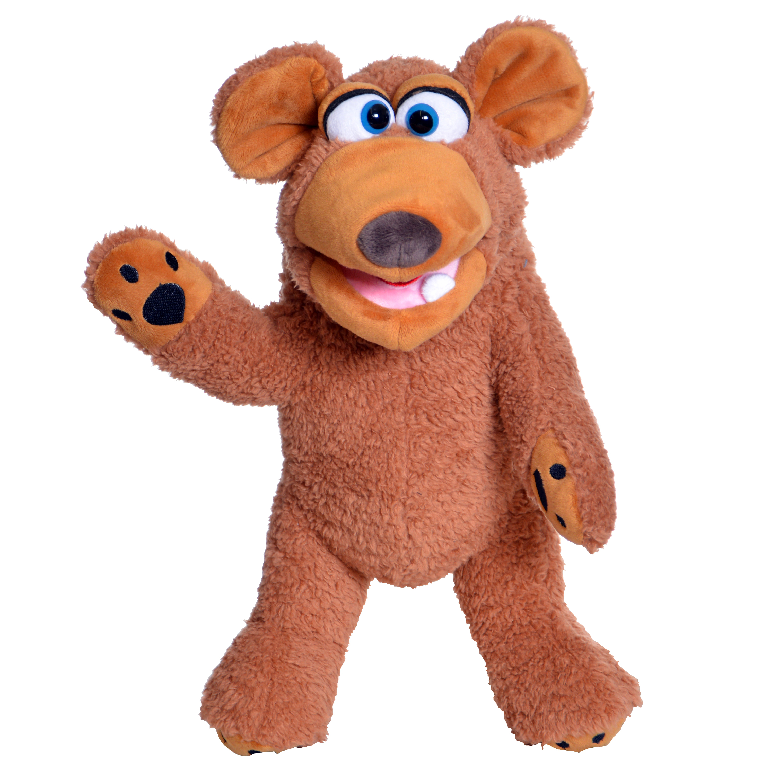 Living Puppets hand puppet Muckelbert the bear with brown plush fur, big blue eyes and an open mouth, waving