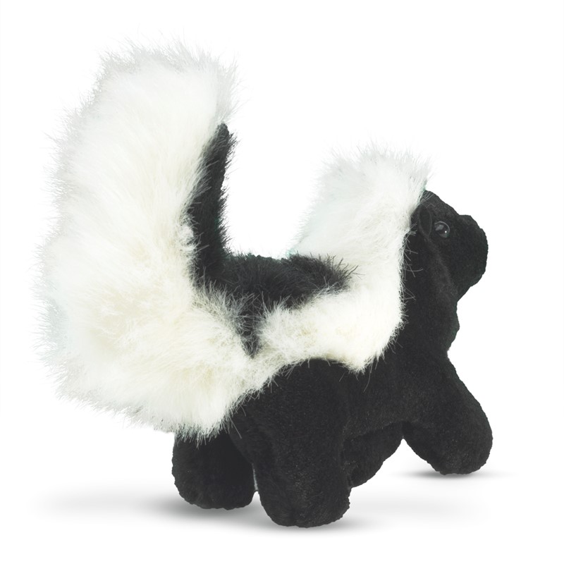 Folkmanis mini skunk finger puppet in black and white with a bushy, raised tail, side view