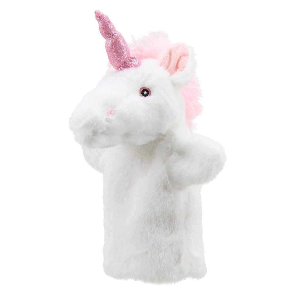 The Puppet Company Handpuppe Einhorn, Frontansicht mit rosa Mähne am Hinterkopf