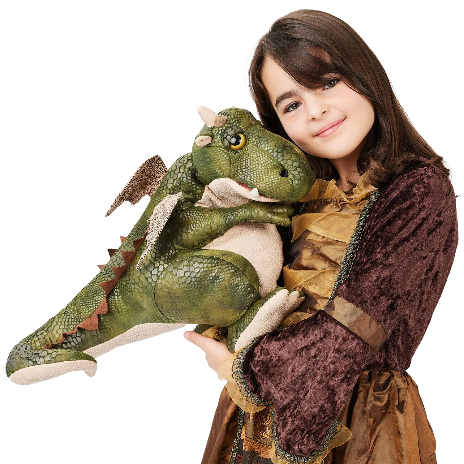 Girl in a medieval costume holding the Folkmanis friendly dragon hand puppet in green with a scale texture and brown wings