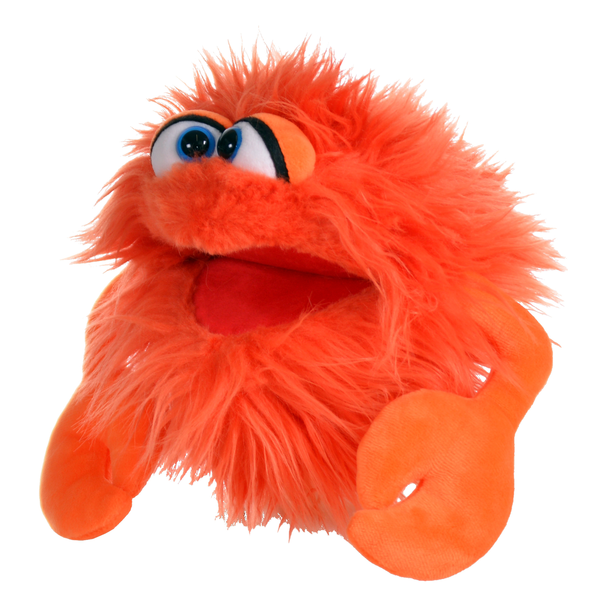 Living Puppets hand puppet Knipser the crab with orange shaggy fur and large claws, open mouth, side view