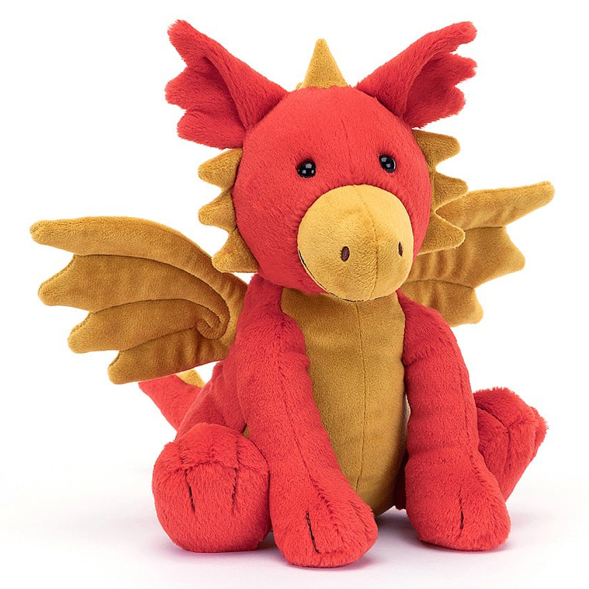 Jellycat Kuscheltier Drache Darvin, rotes Plüschtier mit goldenen Flügeln, Hörnern und Zacken, sitzend in Frontansicht