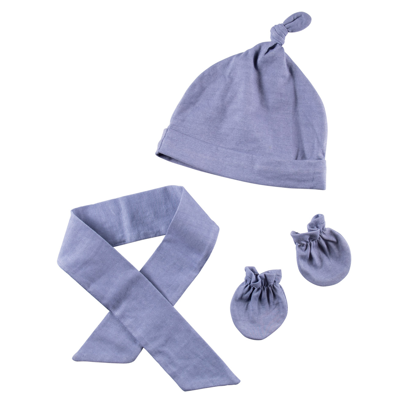 Joyk clothing set Denim Look: knot hat, scarf and mittens in blue-grey