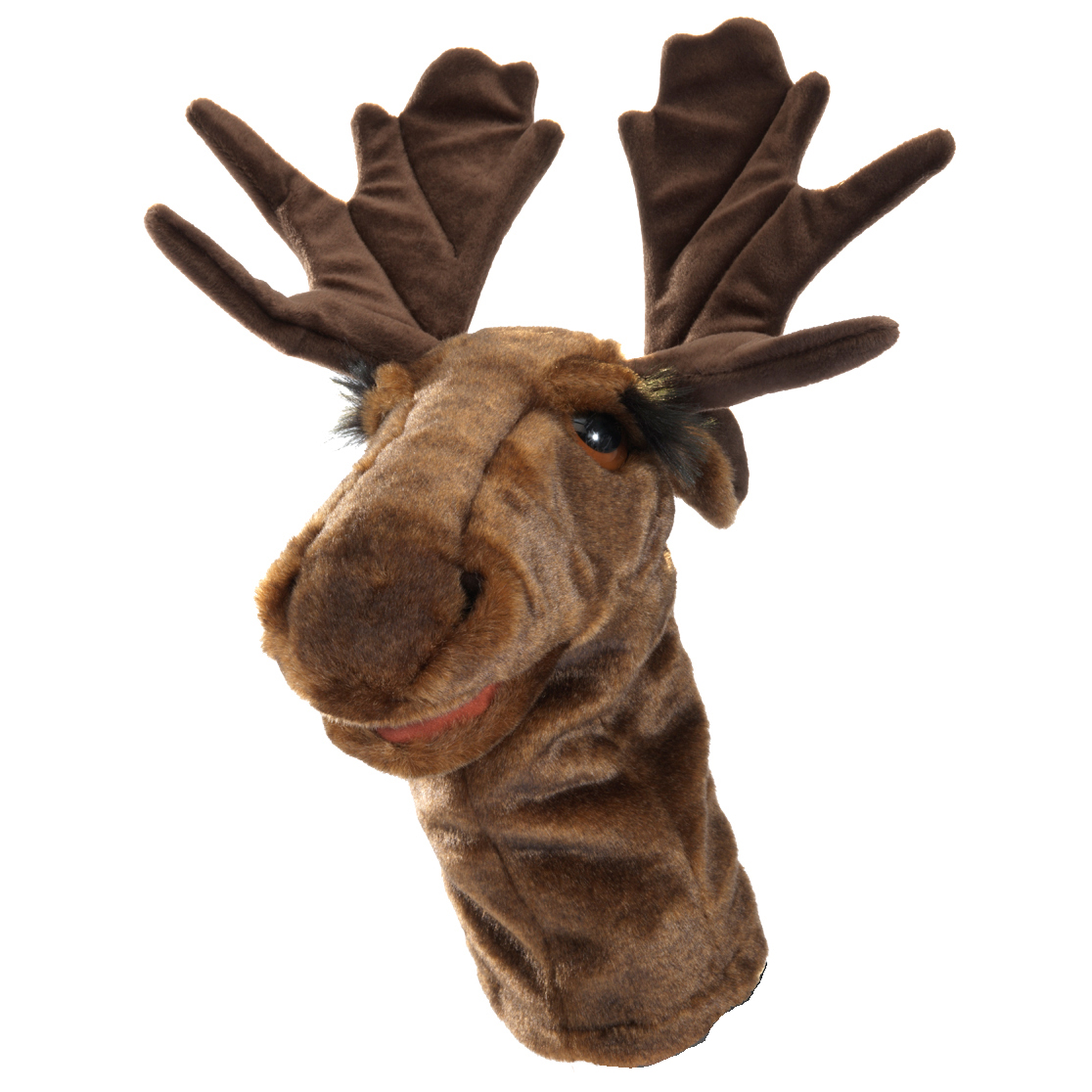 Folkmanis moose hand puppet with movable mouth, dark brown plush and large antlers, shown at an angle
