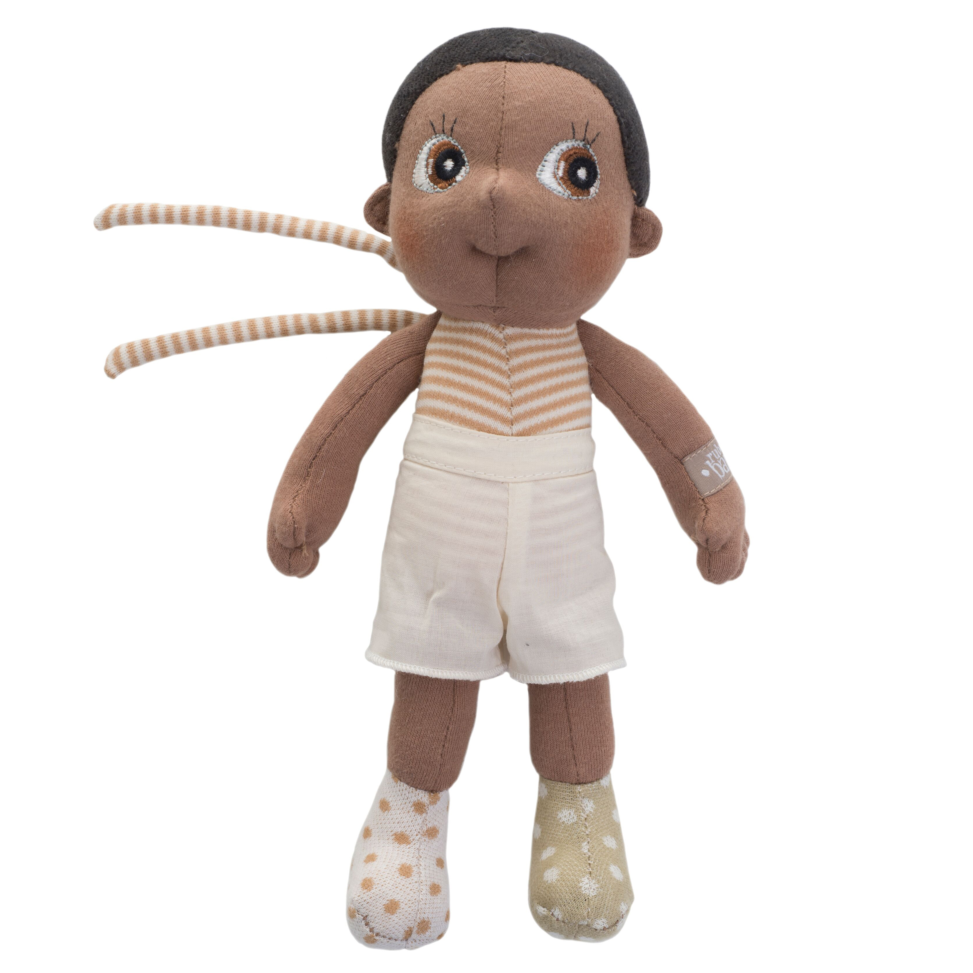 Rubens EcoBuds mini doll Basil with striped top, white shorts and patterned booties