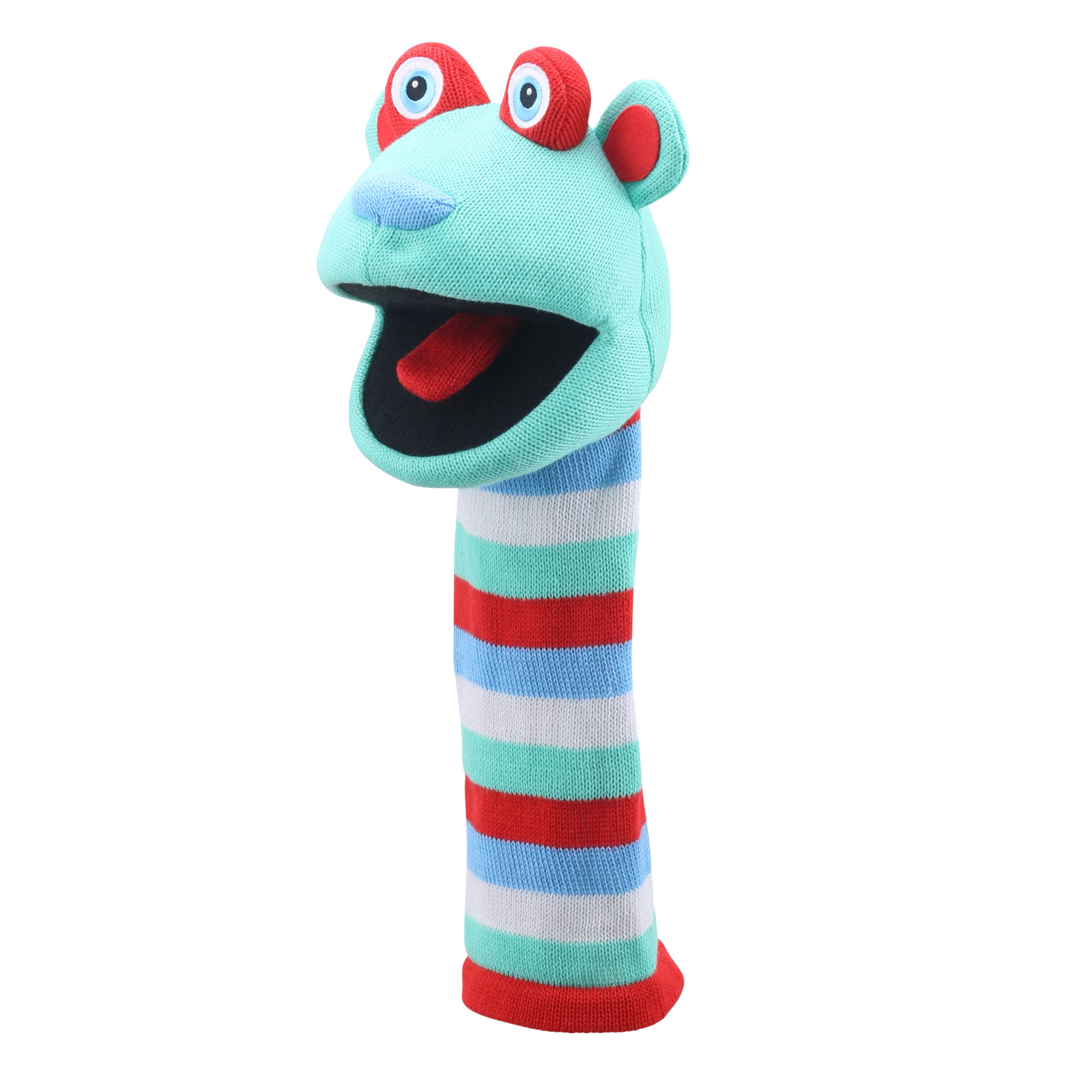 Monster Sockenhandpuppe Hope von der Puppet Company leicht gedreht, weit geöffnetes Maul mit roter Zunge, blaue Kulleraugen in roten Ohren