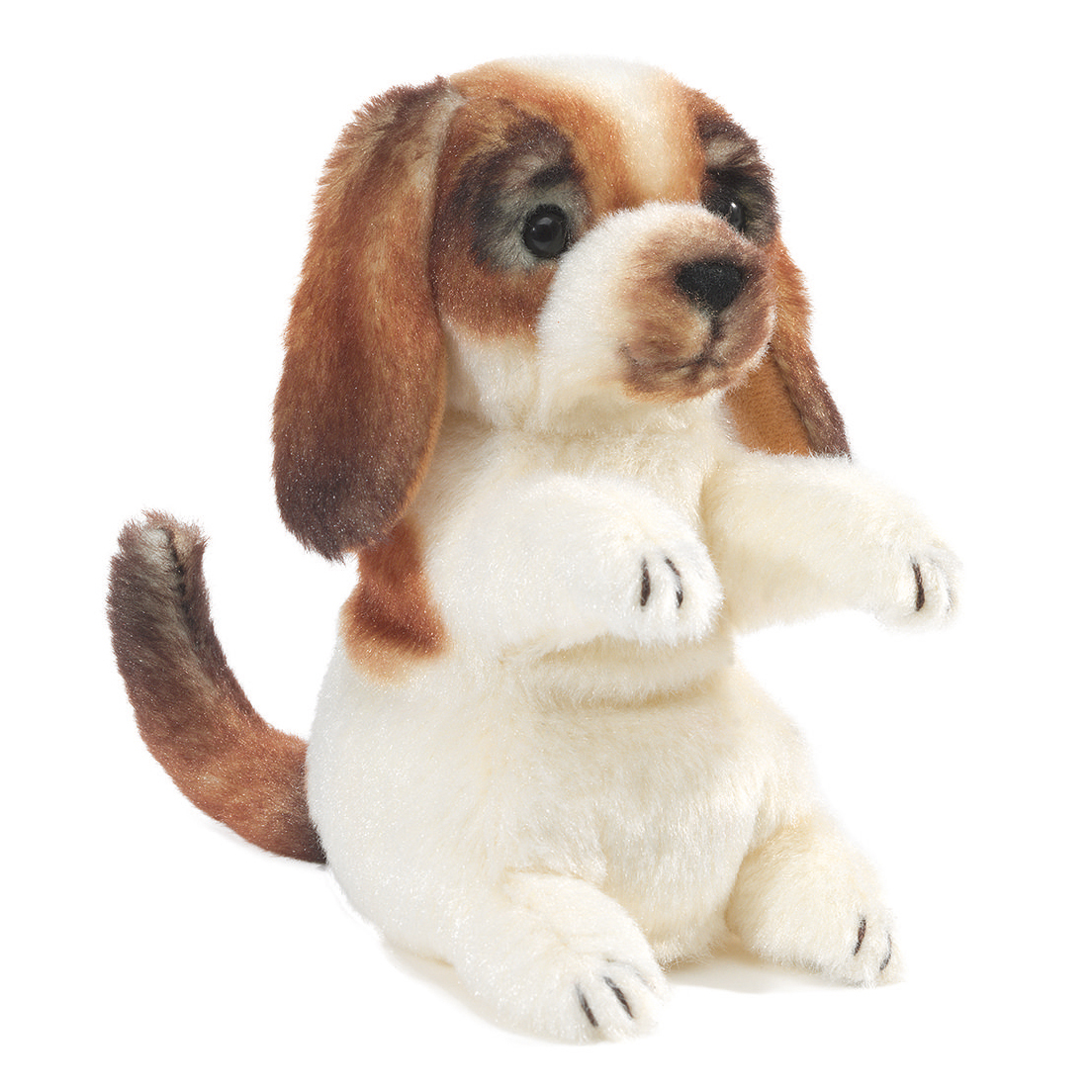 Folkmanis mini dog finger puppet in white and brown, sitting with one paw raised, detailed front view