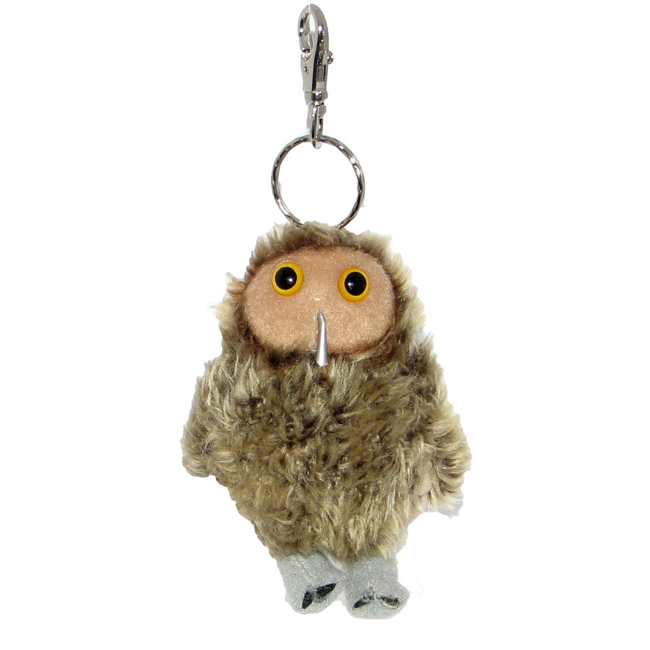 The Puppet Company keyring owl, fluffy brown and beige owl with yellow eyes and a clip-on carabiner