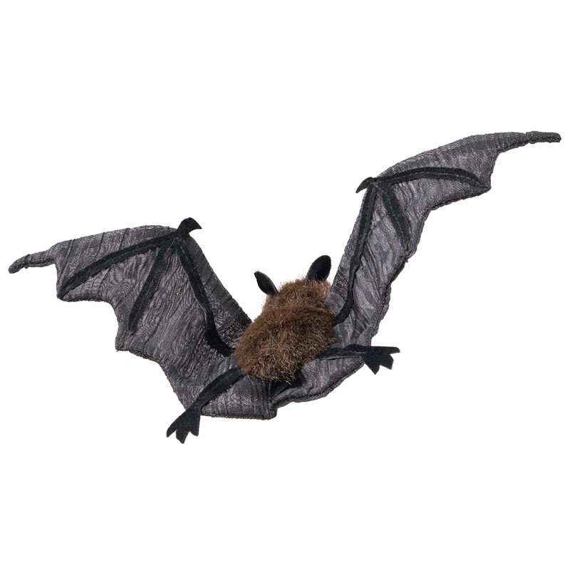 Folkmanis mini bat finger puppet with a brown body and outstretched grey mesh wings, top view