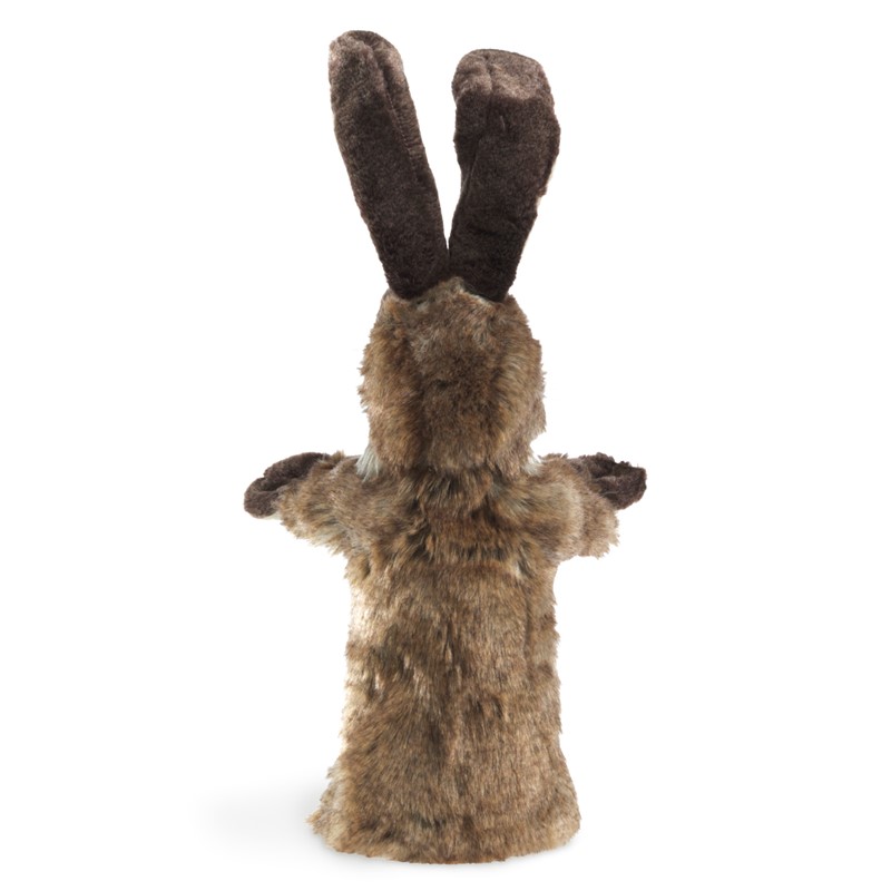 Folkmanis Handpuppe Kaninchen in braunem Kunstfell mit langen dunkelbraunen Ohren, Rückansicht vor weißem Hintergrund