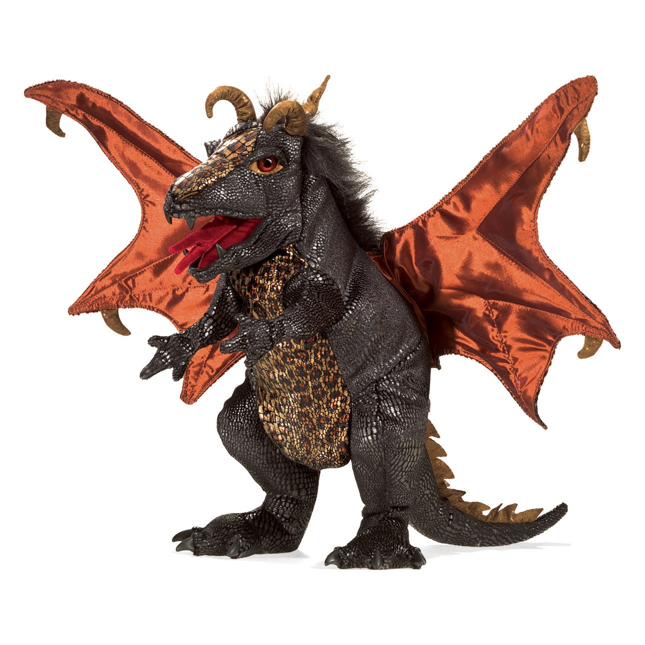 Folkmanis Handpuppe schwarzer Drache mit kupfergoldenem Bauch, gespreizten roten Satinflügeln und geöffnetem Maul, Schrägansicht