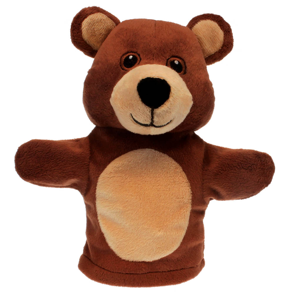 The Puppet Company baby hand puppet bear, brown puppet with a light brown belly and round face