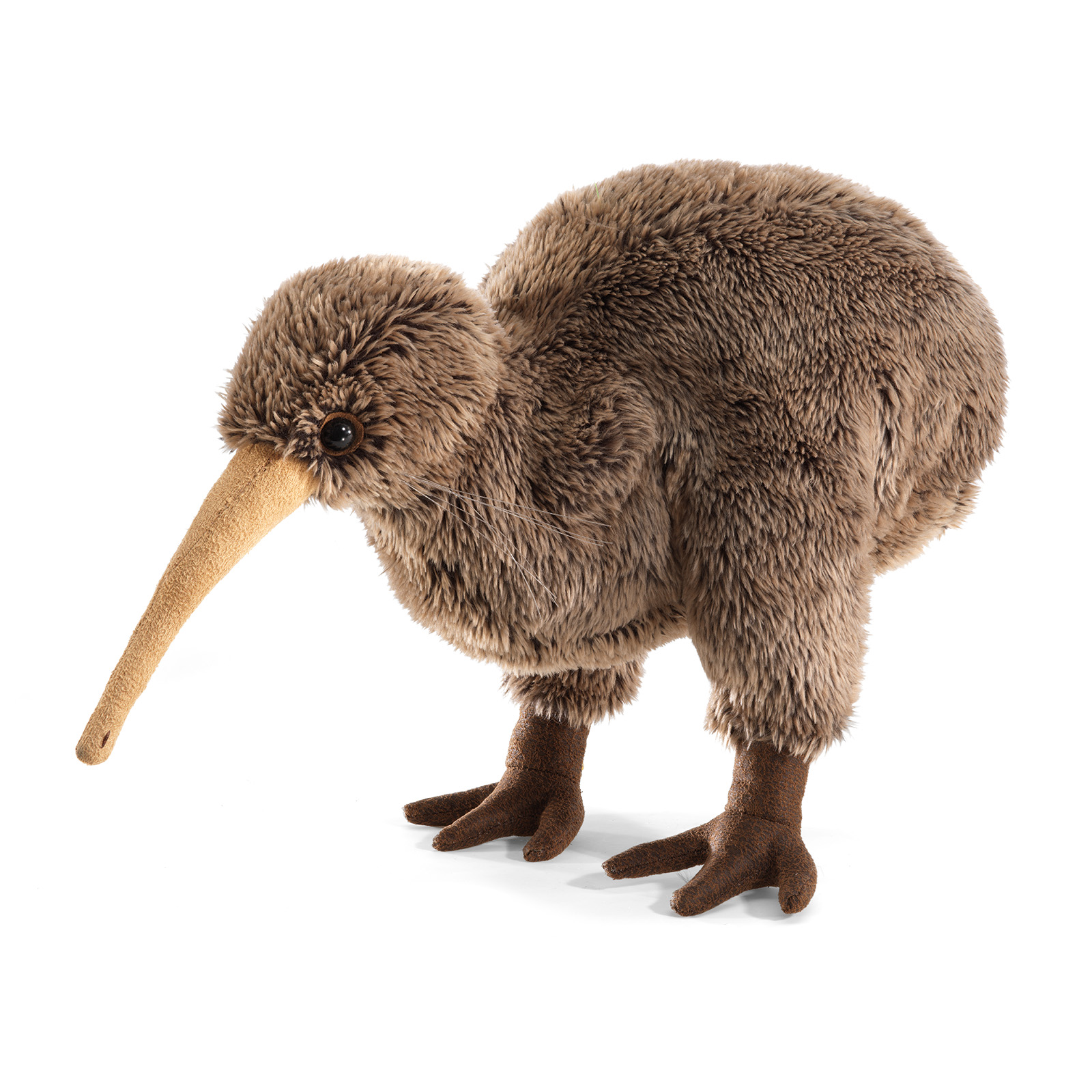 Folkmanis kiwi hand puppet made of brown plush with a long beige beak and dark feet, standing in side view