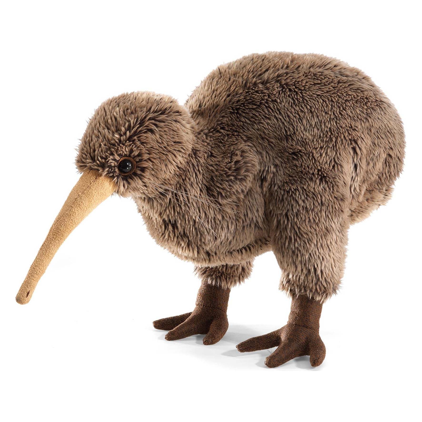 Folkmanis Kiwi-Handpuppe aus braunem Plüsch mit langem beigefarbenem Schnabel und dunklen Füßen, stehend in Seitenansicht