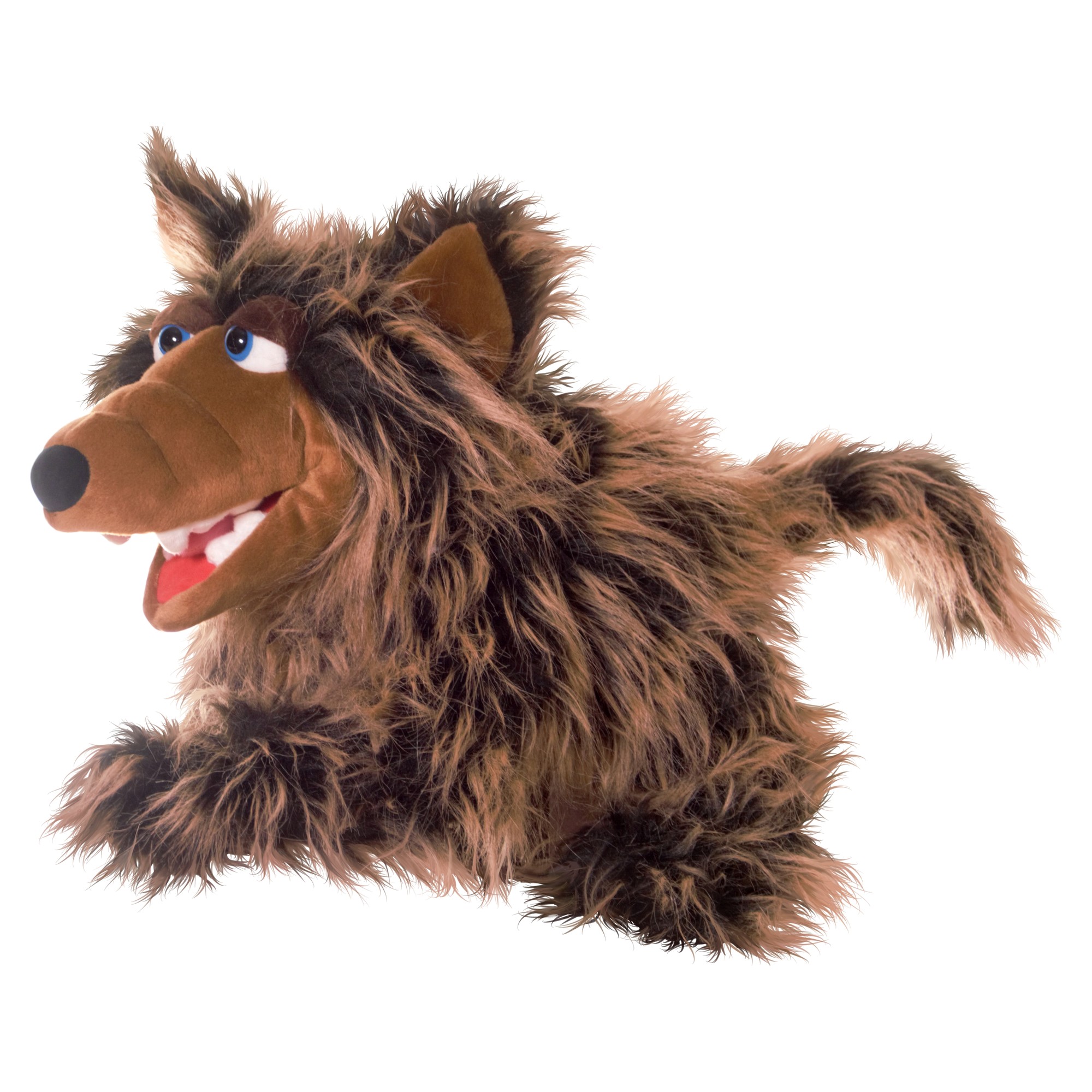 Living Puppets Handpuppe Rasputin der Wolf mit dunkelbraunem Zottelfell und aufgerissenem Maul mit weißen Zähnen, kauernd in Seitenansicht