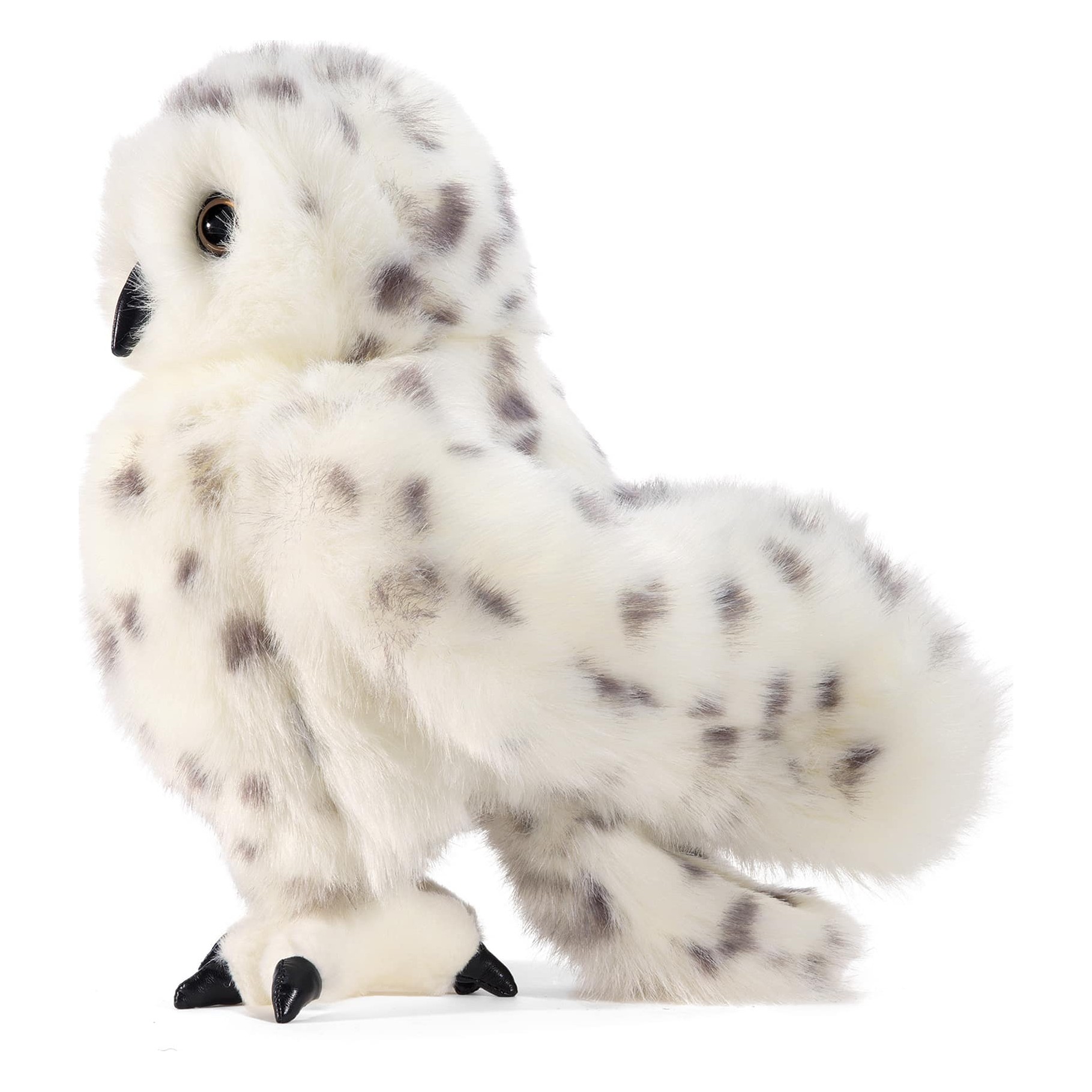 Folkmanis Handpuppe Schneeeule von hinten: weißes Plüschgefieder mit dunkelgrauen Flecken, kompakte Rundform.