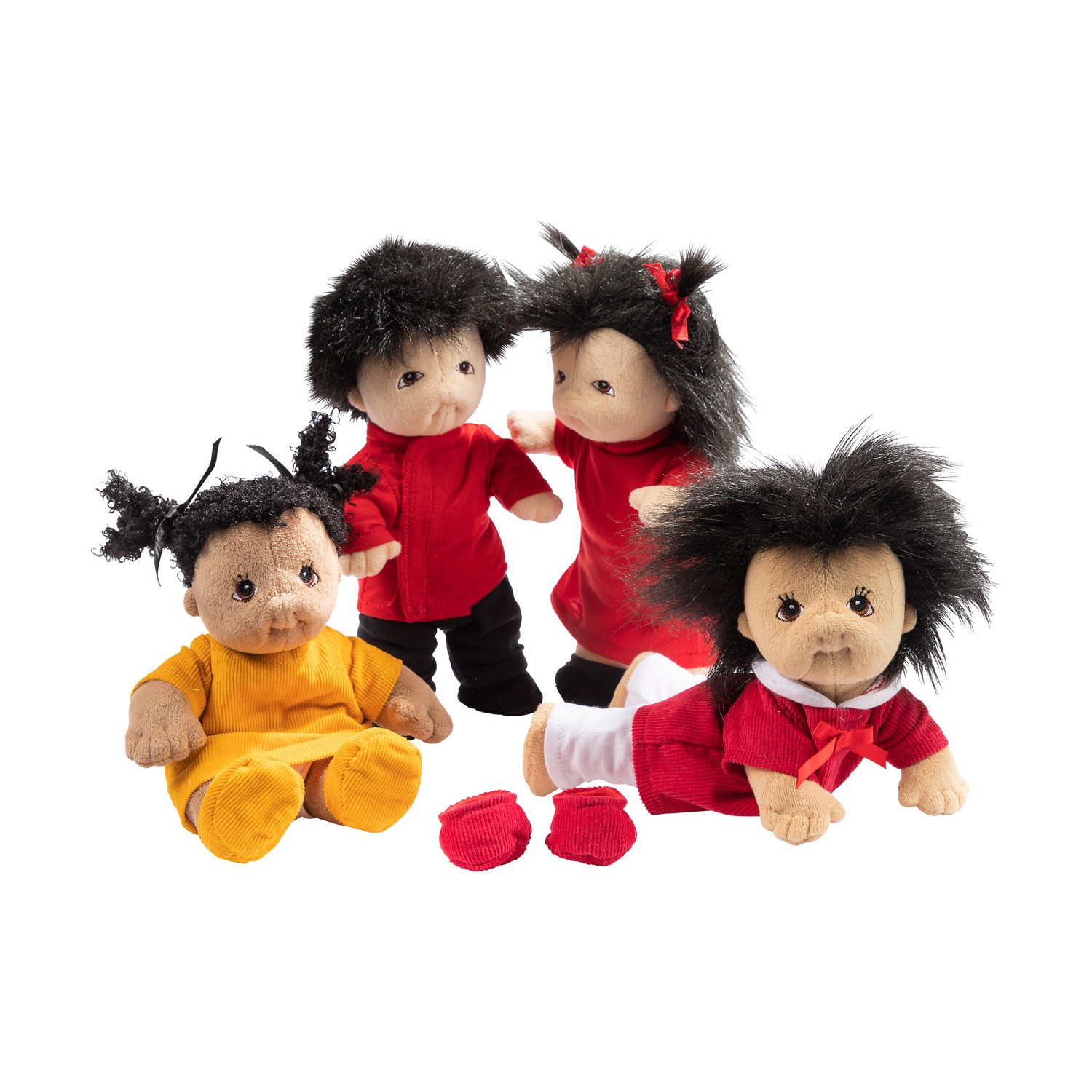 Joyk bendable doll set Best Friends: four fabric dolls in red and yellow, sitting, standing and lying