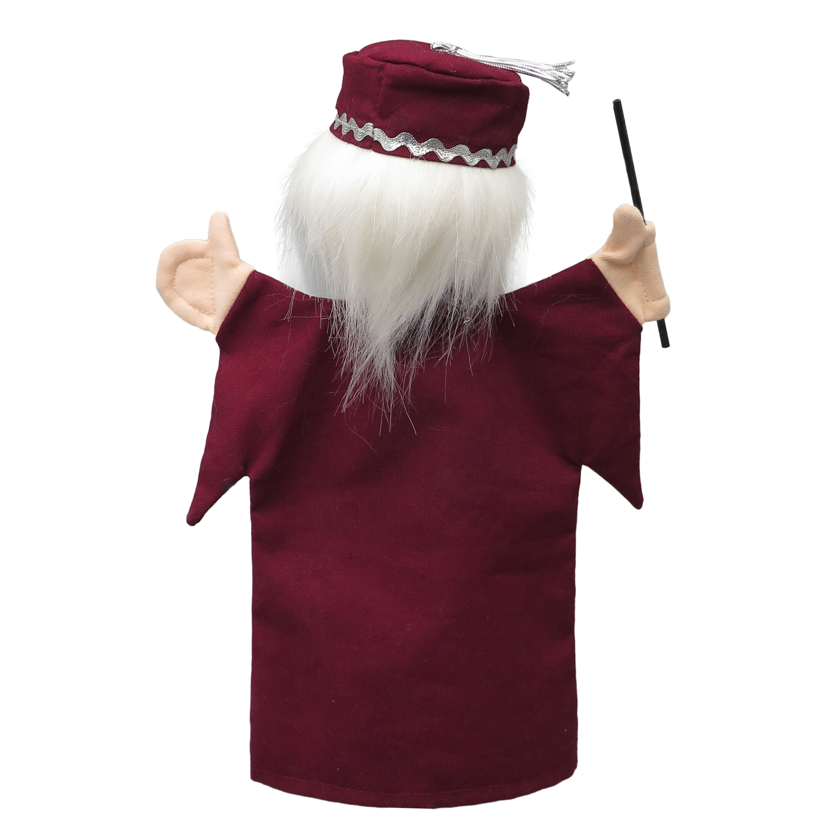 Punch and Judy puppet magician by munabo seen from the back with wine-red gown, white hair and magic wand