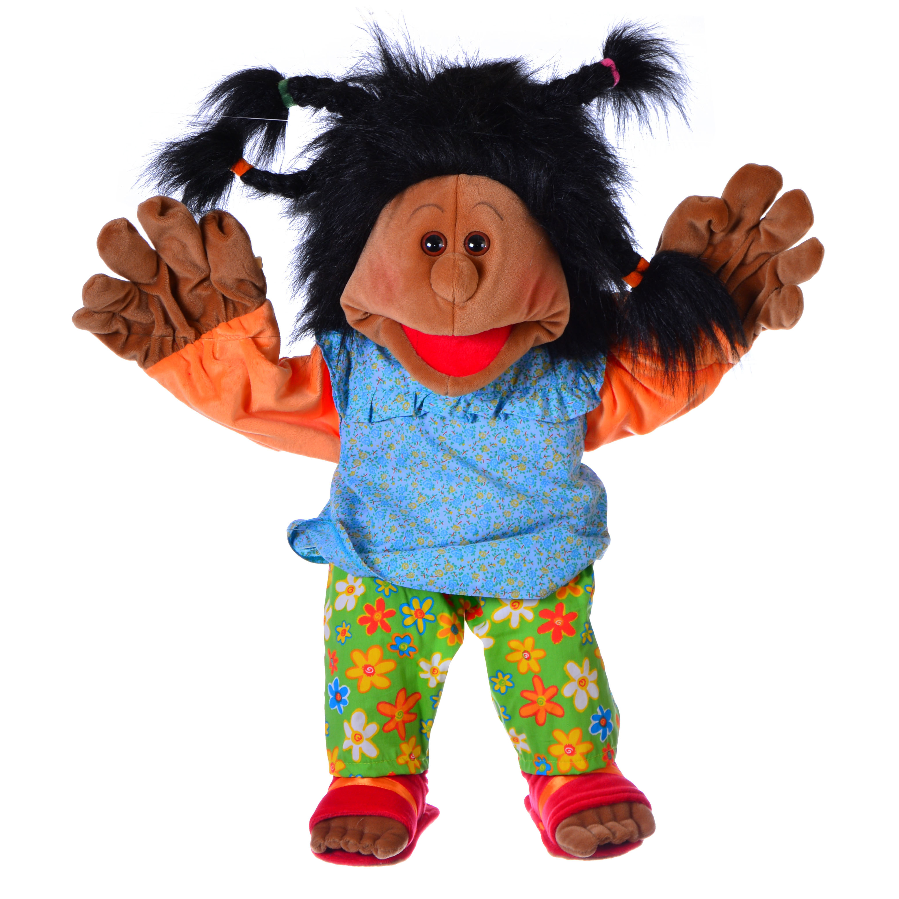 Living Puppets hand puppet Maggy with wild black pigtails, blue flowered top, green flowered trousers and red sandals, hands spread wide